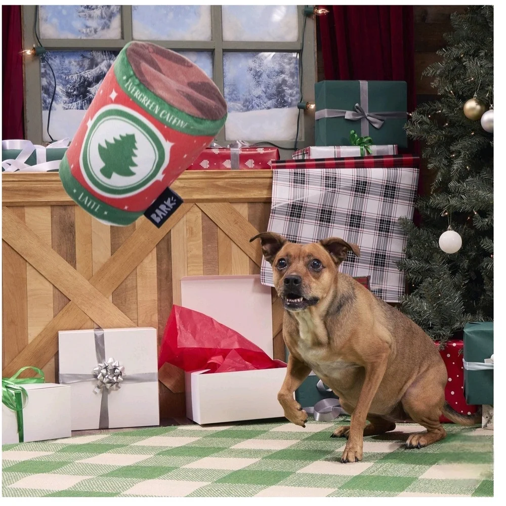 Bark Holiday Santa's Workchomp Evergreen Caffeine Latte Dog Toy